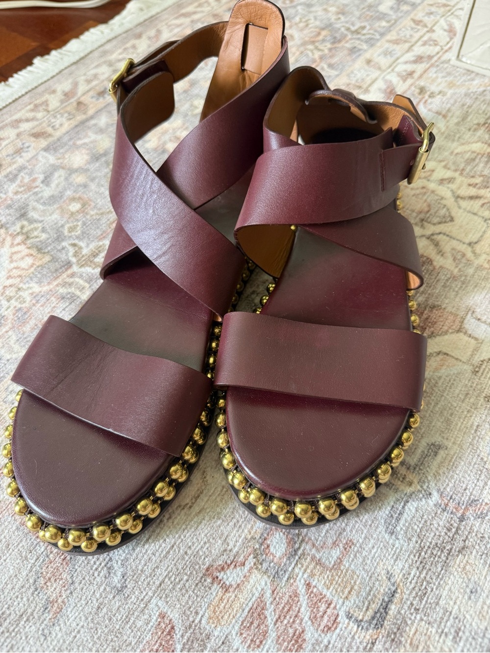 Chloe Burgundy Leather Cross-Strap Sandals with Gold Bead Trim